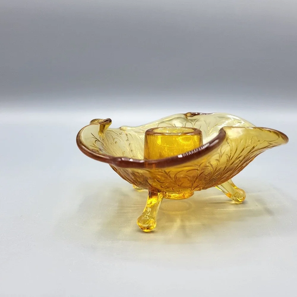 Vtg 2 Fenton Amber Glass Lotus Floral Footed Candle Holder Crimp Edge Home Decor